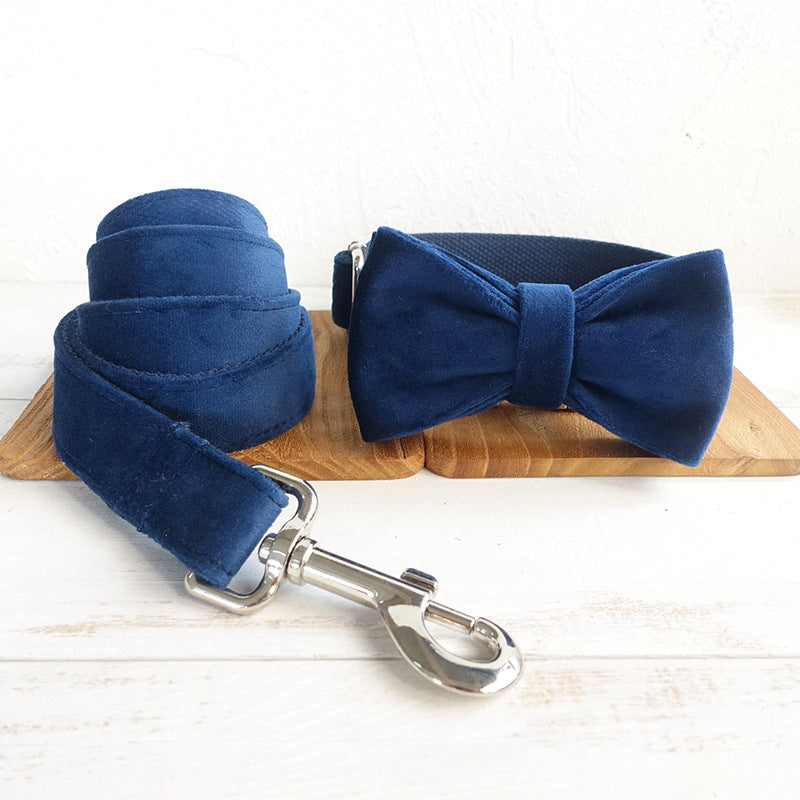 Dark blue velvet bow collar for pets