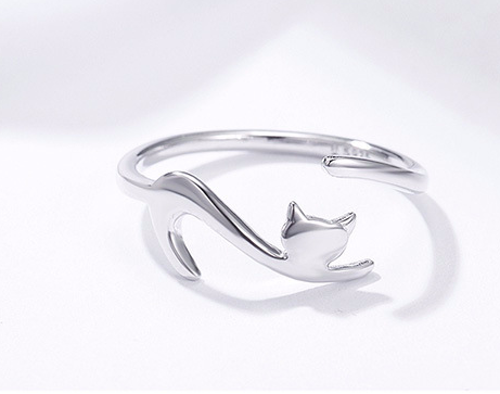Silver Cat Ring and Crescent Cat Necklace