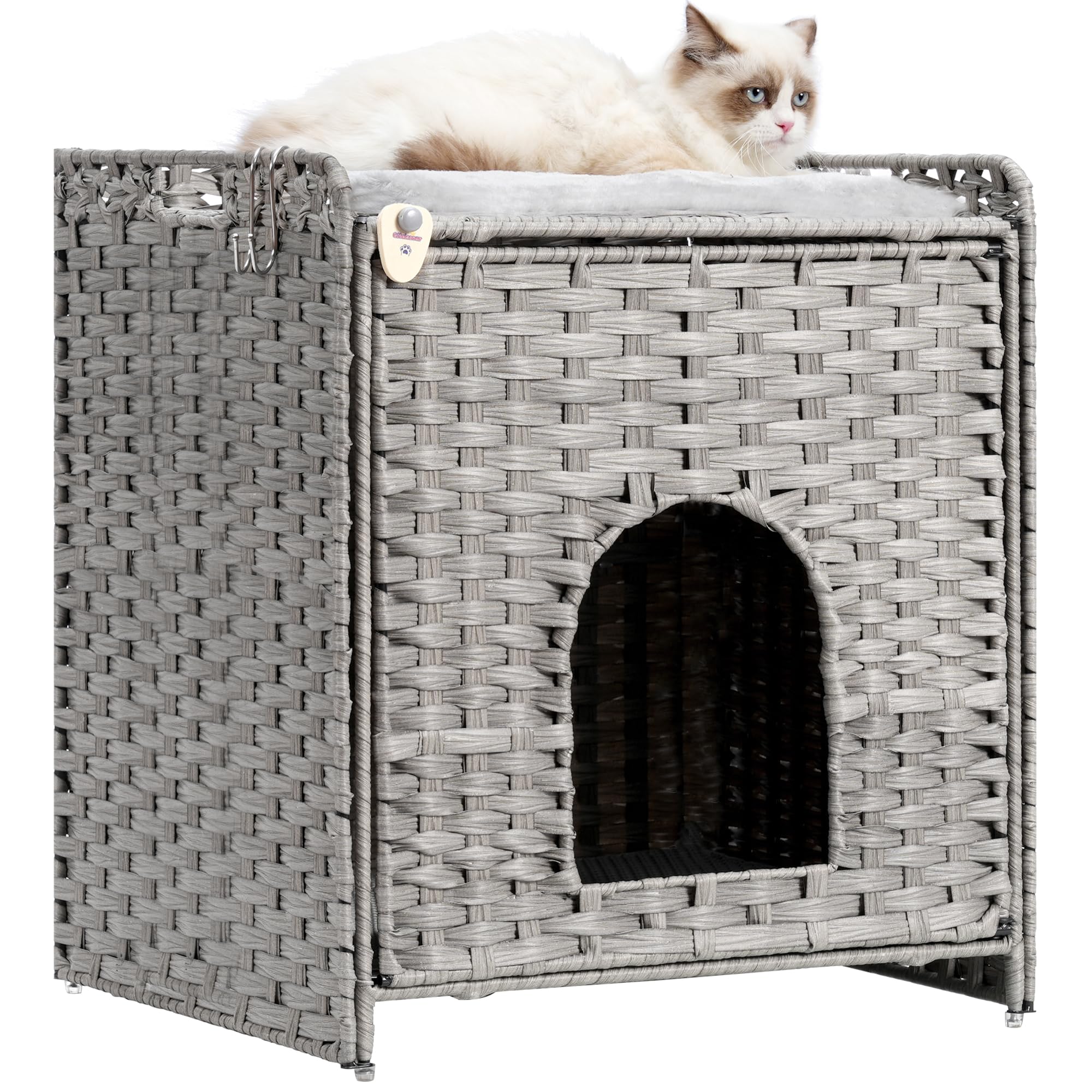 Gitelsnour Cat Litter Box Enclosure Hidden Cat Litter Box Furniture Including Cat Mat Cat Litter Mat 2 Hooks Handwoven Rattan Cat House Grey GCLB001G