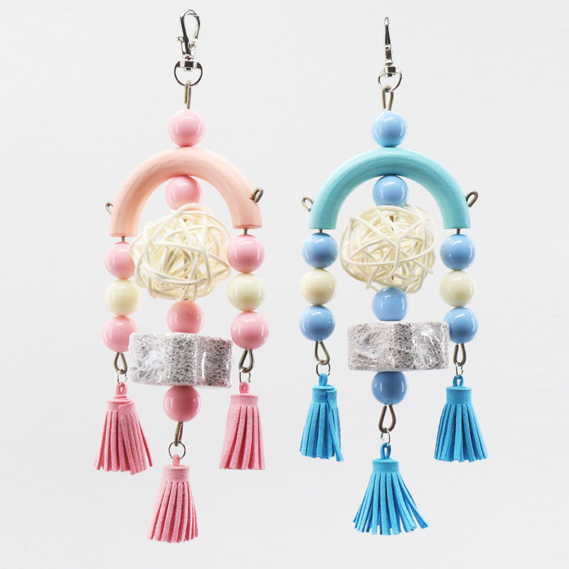Hanging parrot toy with acrylic beads and suede tassels – photo 2