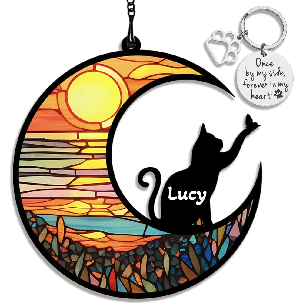 Siyoriot DIY Custom Cat Ornament Memorial Gifts for Cat Lovers Cat Catching Butterfly Acrylic Window Hangings Ornament Loss of Cat Sympathy Gift Remembrance Gifts for Memory Cat