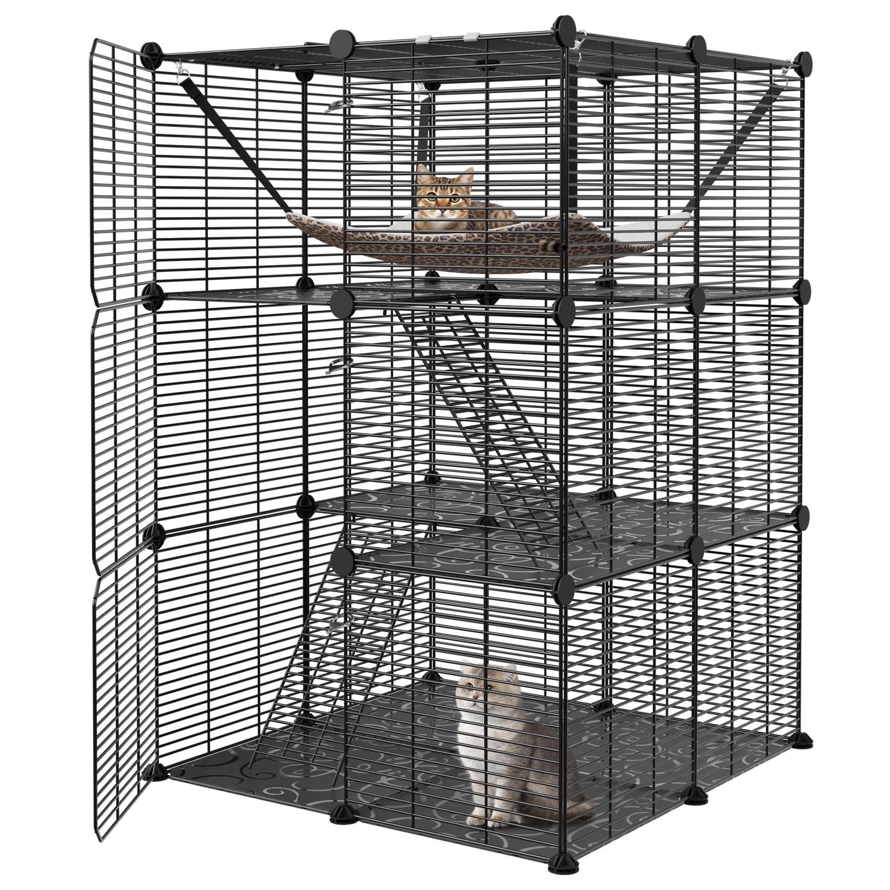 3-Tier Cat Cage Indoor Cat Enclosures DIY Cat Kennel Detachable Metal Wire Cat Playpen with Hammock for 1-2 Cats Ferret Chinchilla Rabbit