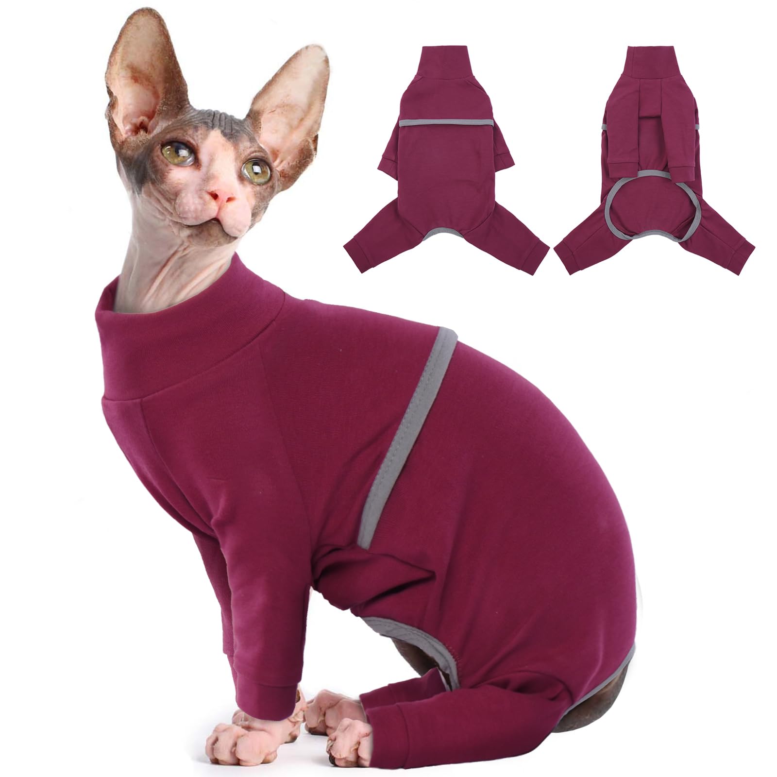 ROZKITCH Hairless Cat Clothes Breathable Soft Cat Sweaters for Cats Only Cat Coat with Four Legs Warm Cat PJS Cat T-Shirt Cat Pajamas Jumpsuit Vest Cornish Rex Devon Rex Peterbald DarkRed XS