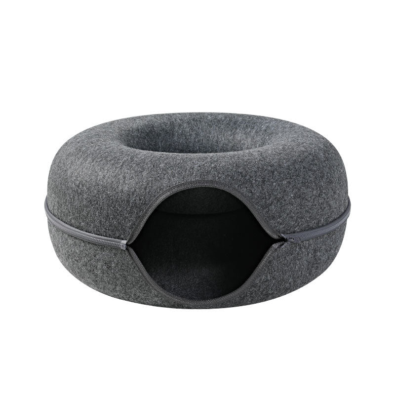Universal Round Wool Felt Cat Bed with Tunnel (Gray)