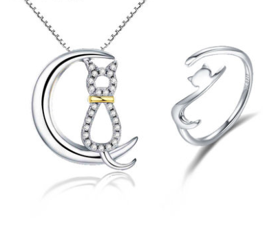 Silver Cat Ring and Crescent Cat Necklace