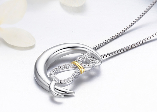 Silver Cat Ring and Crescent Cat Necklace