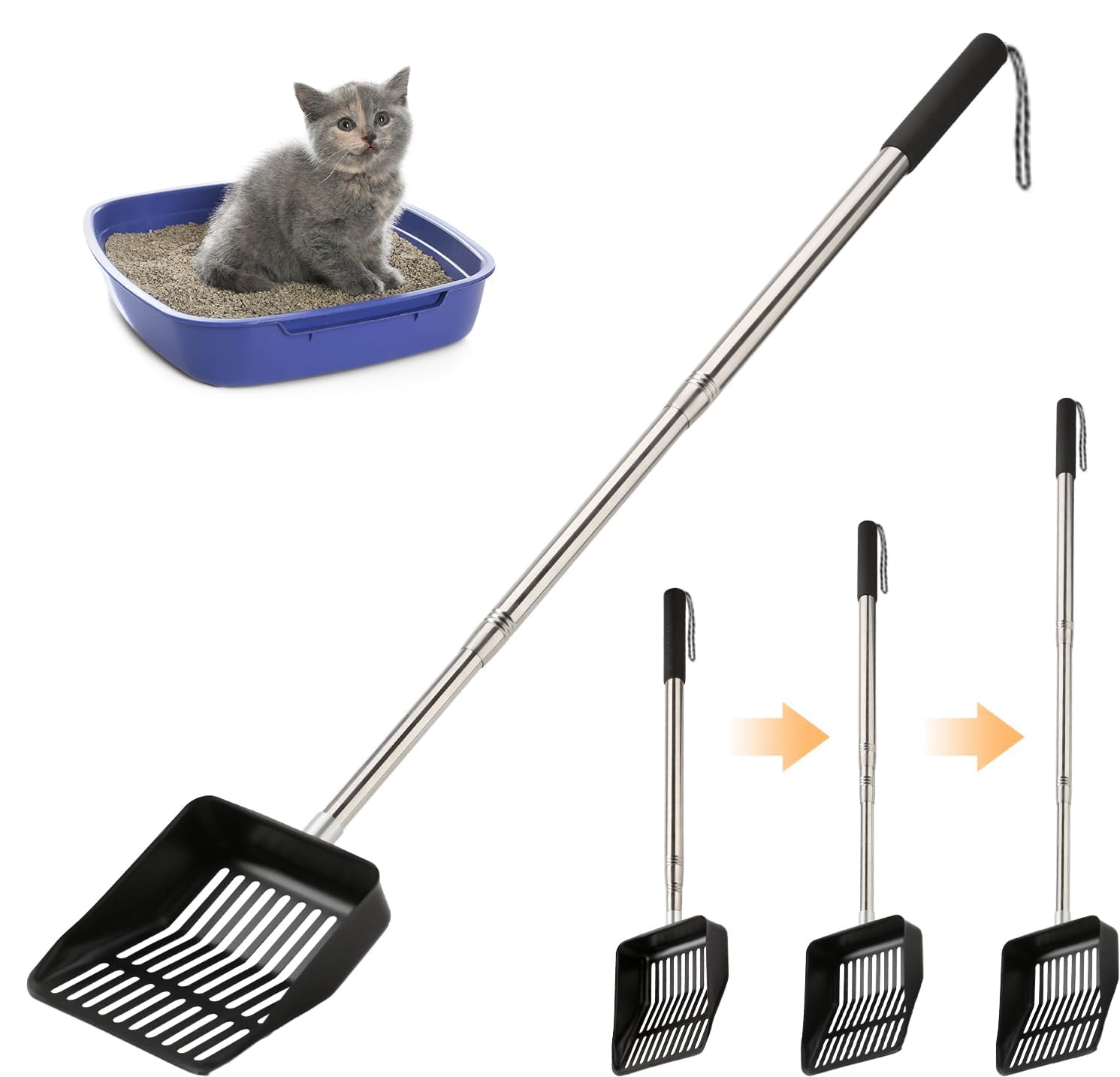 Metal Cat Litter Scoop Extendable Long Handle Cat Sand ScoopSuitable for Quick Screening of Pet Waste in Cat Sand Containers for Multi-Cat Families with a Stainless Steel Cat Litter Scoop
