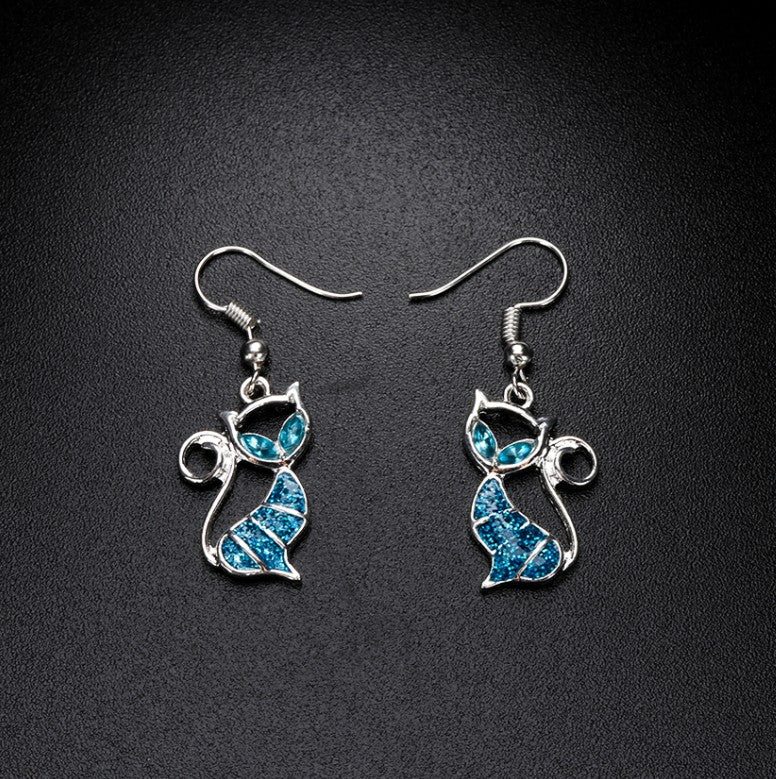 Aopok Cat Silver Pendant and Cat Earrings Set