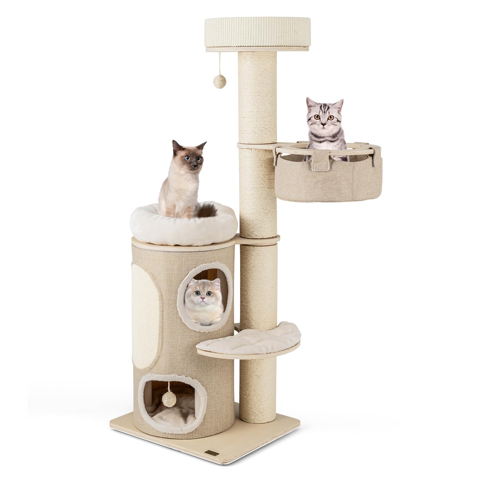 PETSITE 61 inch Cat Tree Tower Multi-Level Cat Tower with Sisal Scratching Posts & Board 2-Tier Cat Condo 2 Cat Perches Cat Basket and Interactive Sisal Ball Wooden Cat Tree for Indoor Cats