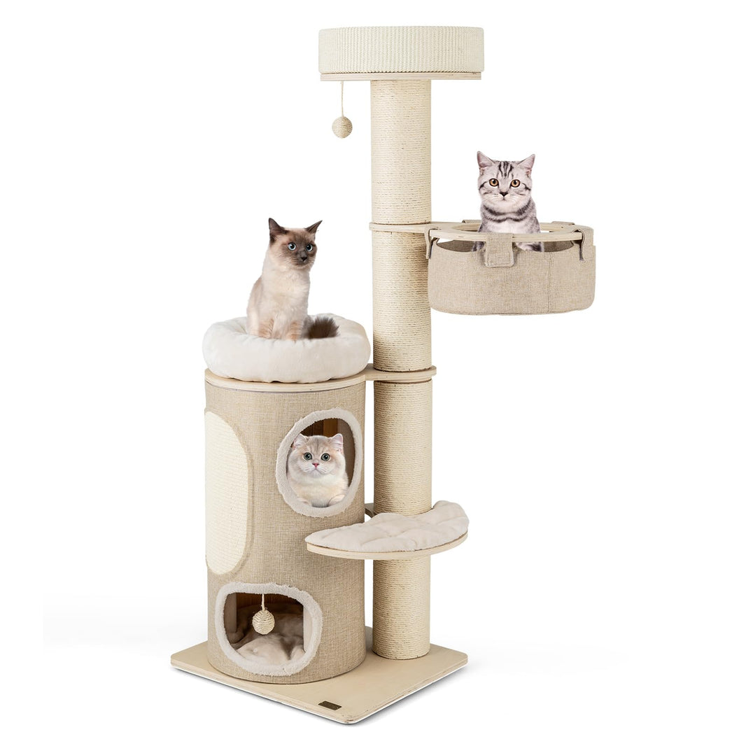 PETSITE 61 inch Cat Tree Tower Multi-Level Cat Tower with Sisal Scratching Posts & Board 2-Tier Cat Condo 2 Cat Perches Cat Basket and Interactive Sisal Ball Wooden Cat Tree for Indoor Cats