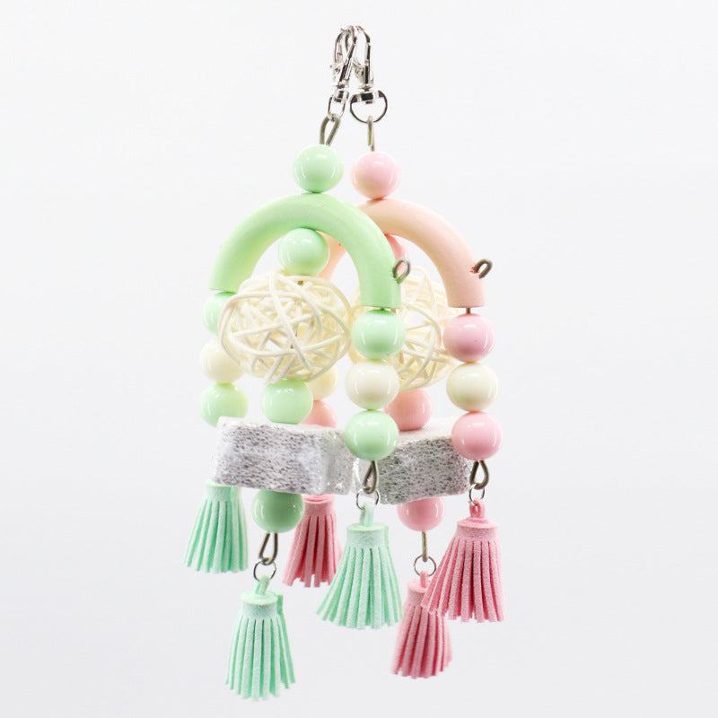 Hanging parrot toy with acrylic beads and suede tassels