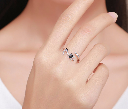 Silver Cat Ring and Crescent Cat Necklace